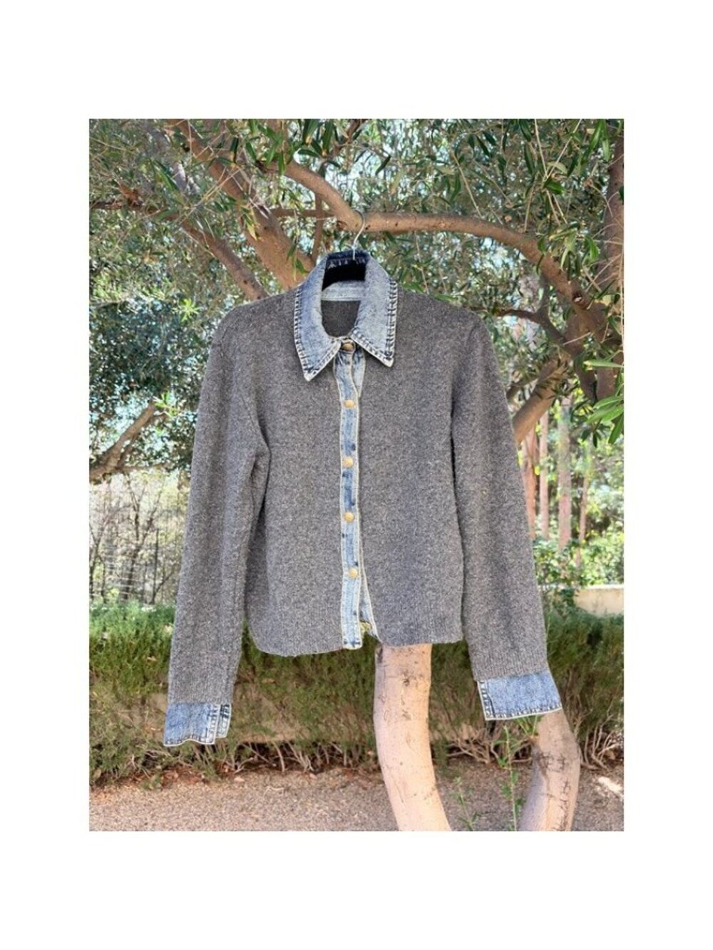Le Pitta Grey Knit Jacket with Denim Trim M